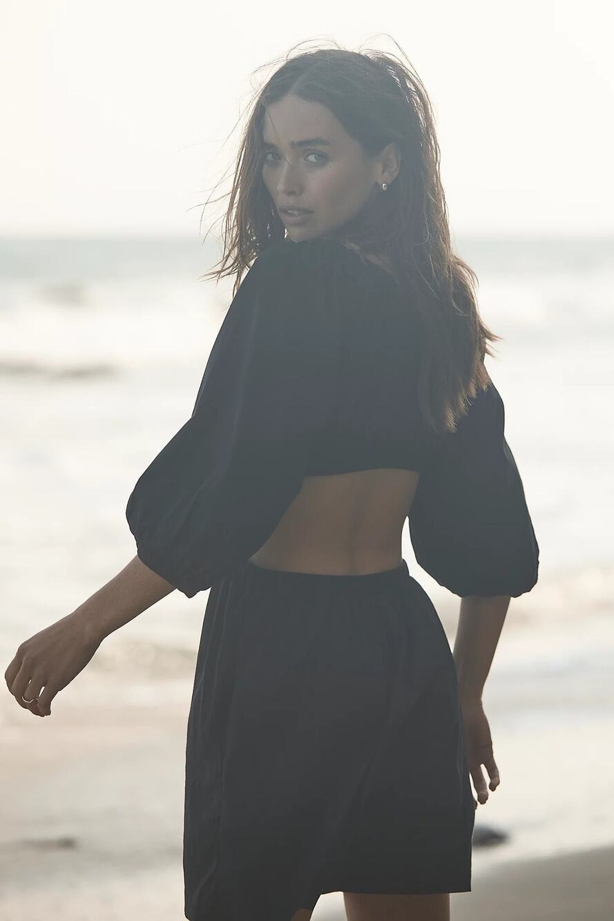 Free People Cut Out for This Black Mini Dress Sz LARGE NWT Puff Sleeve LBD Beach